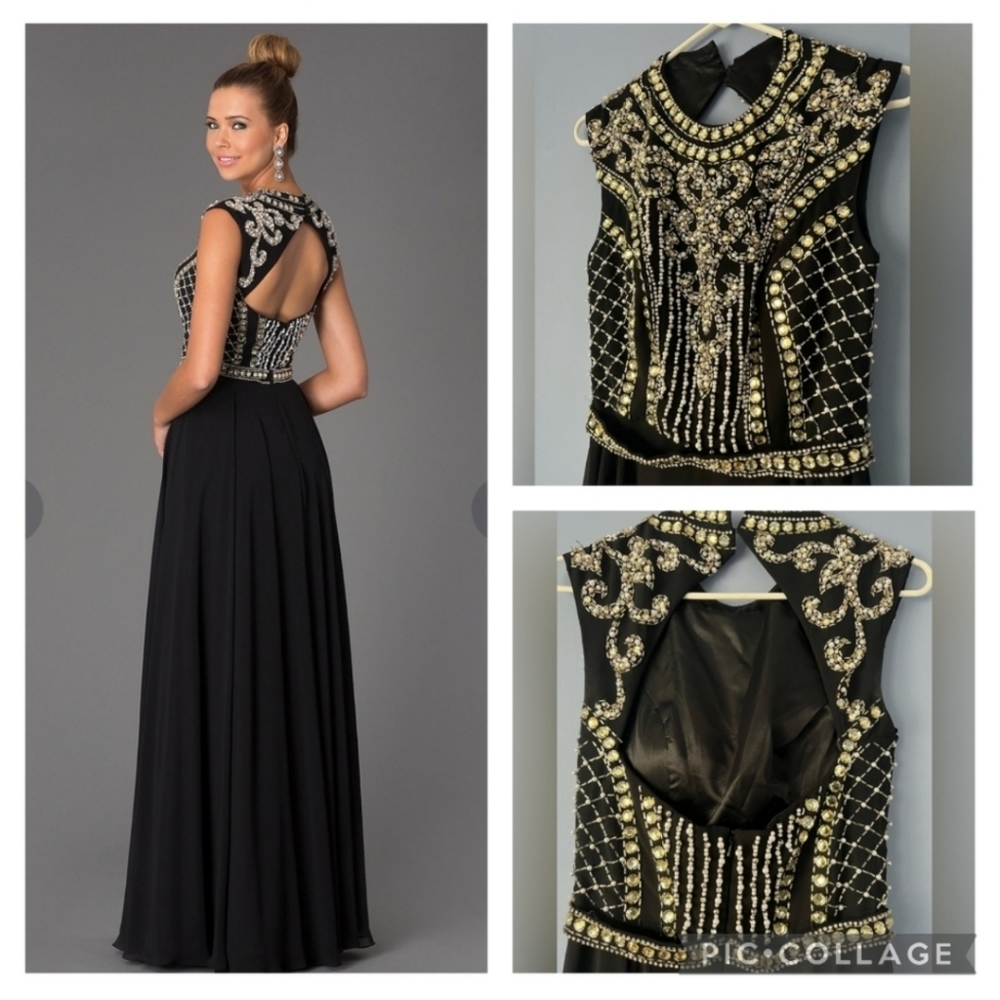 JOVANI Black Beaded Cutout Back Chiffon Formal Gown Size 2